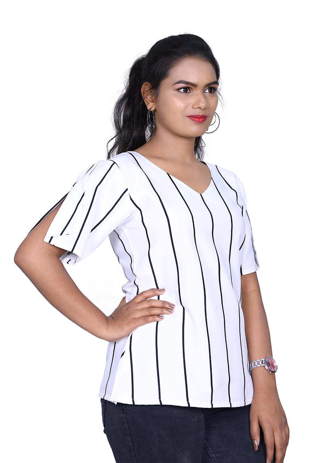 Casual Shoulder Straps Striped Women White Top | S3T959