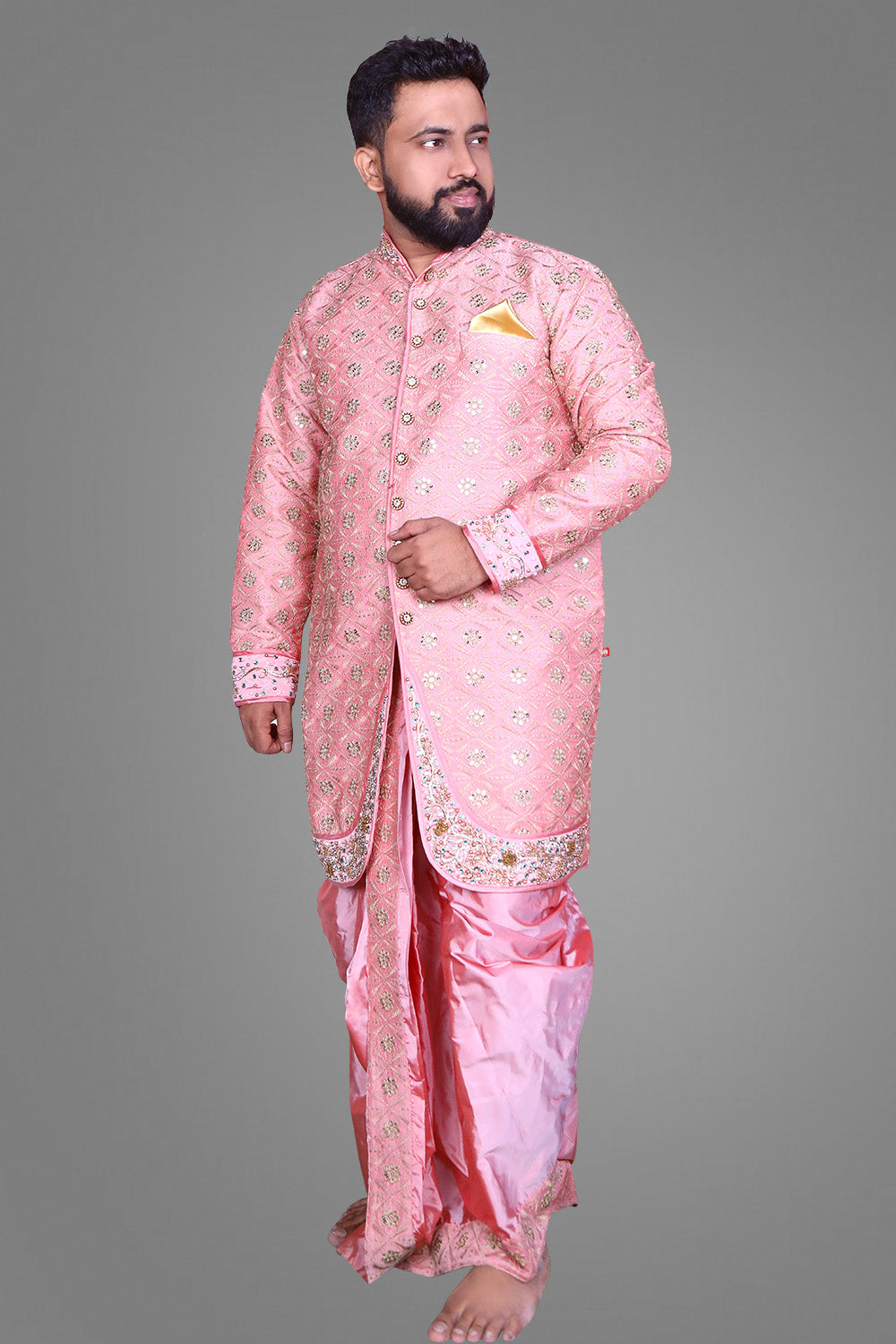 Bright Peach Embroidery with Maggam Work Sherwani & Dothi Set | S3MWD