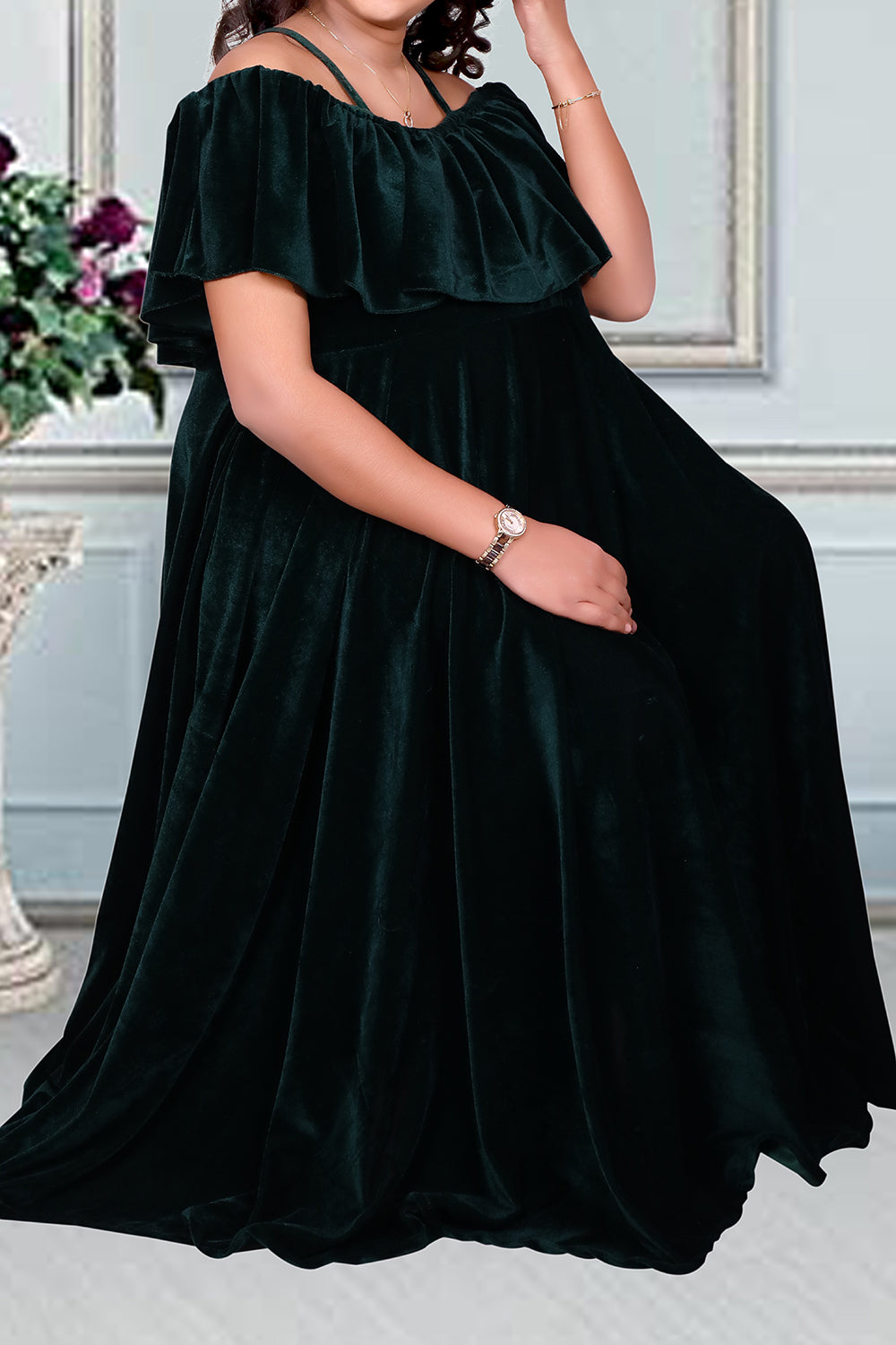 Bottle Green Half Shoulder Maternity Party Maxi. | S3MG1036