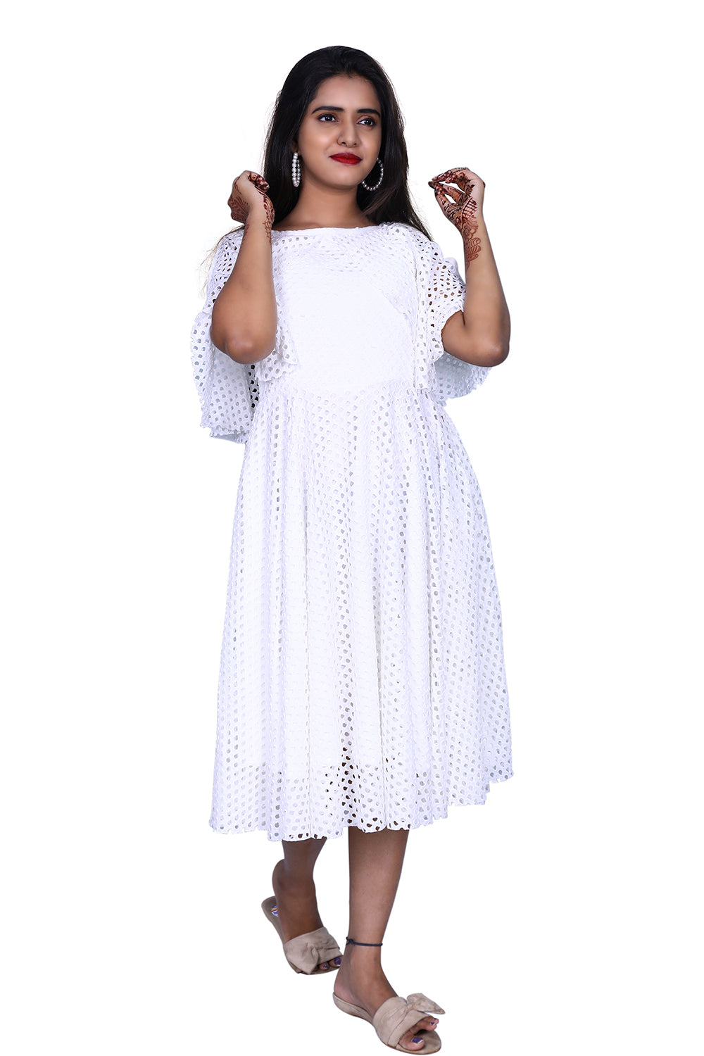 Womens Net Fabric White One Piece Dress | S3G936