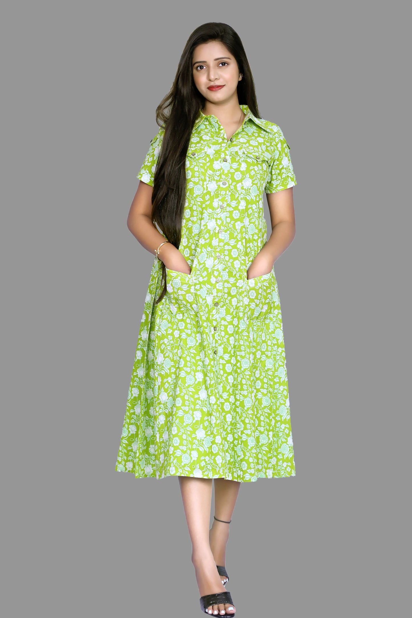 Printed Light Green Cotton Blend A-line Kurta | S3K831